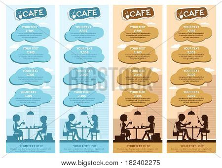 Couples of people in cafe eat, drink. Templates for flyers and banners. Vector Illustration with men and women at tables on city background in two colors