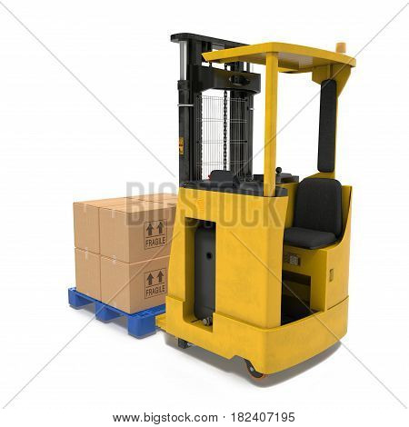 Loader with boxes on pallet isolated under the white background. 3D illustration