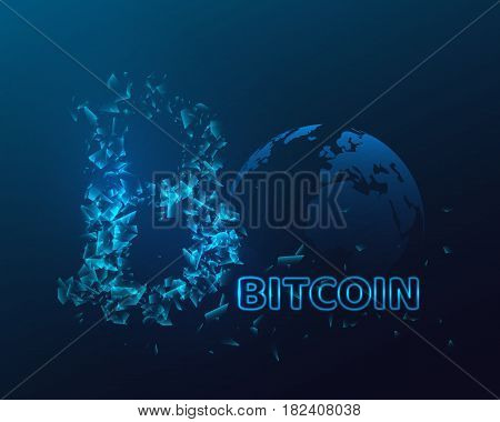 Bitcoin sign with glowing explosion effect. Cryptocurrency concept. Neon text. Vector illustration.