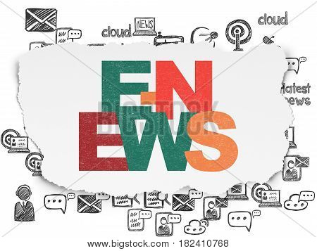 News concept: Painted multicolor text E-news on Torn Paper background with  Hand Drawn News Icons