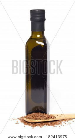 Flax oil and flax seeds isolated on white background