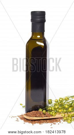 Flax oil and flax seeds isolated on white background