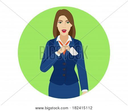 Businesswoman puts the business-card in his pocket. Portrait of businesswoman character in a flat style. Vector illustration.