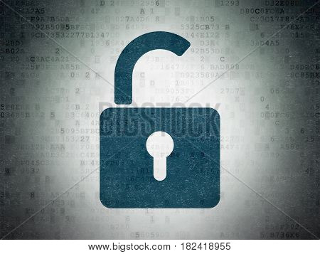 Privacy concept: Painted blue Opened Padlock icon on Digital Data Paper background