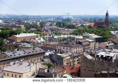 Aerial view of the roofs of houses in the northeastern historic part of Krakow. Poland. View from St Mary's Cathedral.
