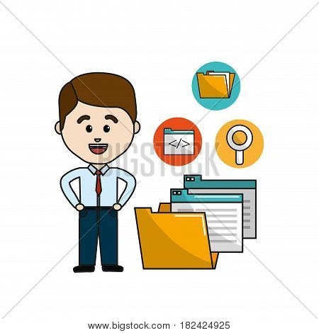 man with digital folder file and documets icons, vector illustration
