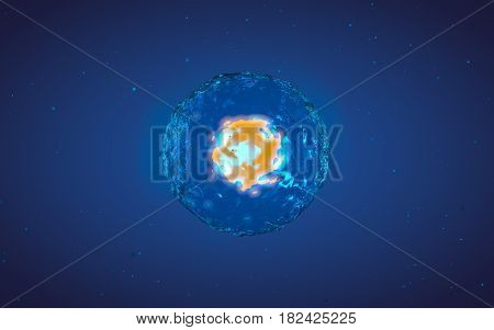 Abstract medical 3D illustration of a cell division process. Yellow core inside liquid transparent shell on blue background with microscopic particles