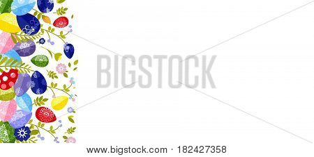 Stock vector isolated illustration Happy Easter background colored eggs, spring decoration, leave, tulip flower design element in flat style for printed material, greeting, festive card banner, flyer