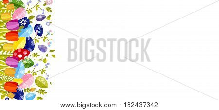Stock vector isolated illustration Happy Easter background colored eggs, spring decoration, leave, tulip flower design element in flat style for printed material, greeting, festive card banner, flyer