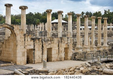 ancient street and columns in archaeological site Scythopolis, Beit Shean National Park, Israel