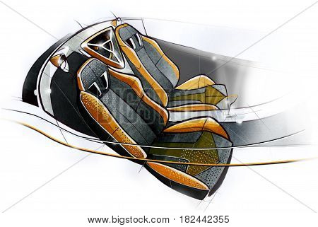 Sketch design of the modern conceptual interior of a sports coupe car. Drawing by hand. Illustration.