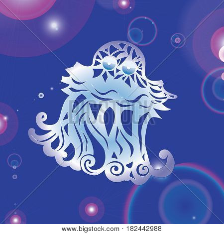 Magic glowing  funny blue jellyfish on the sea bottom