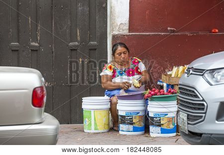 valladolid Mexico 13th March 2017: woman selling vegetables outdoors