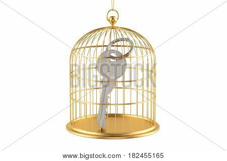 Birdcage with key inside 3D rendering isolated on white background