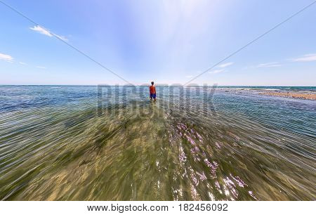 Stereographic Wide-angle Panorama A Man Stands In The Sea