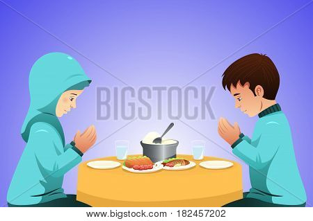 A vector illustration of Muslim Couple Eating Before Meal