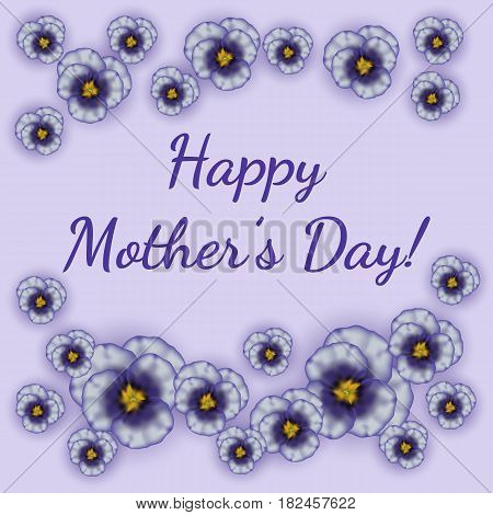 Happy Mothers Day greeting card. Pansy flowers with soft shadow vector illustration