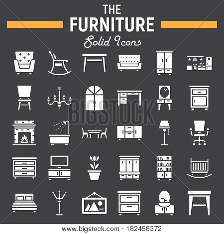 Furniture solid icon set, interior symbols collection, vector sketches, logo illustrations, filled pictograms package isolated on black background, eps 10.