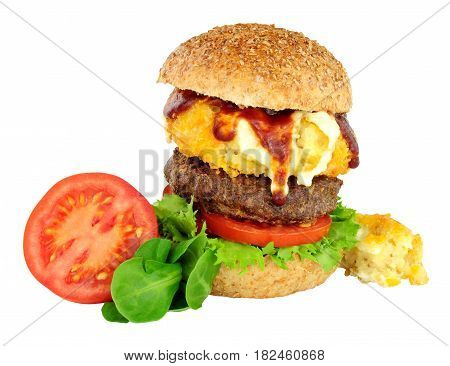 Mac and cheese beefburger sandwich isolated on a white background
