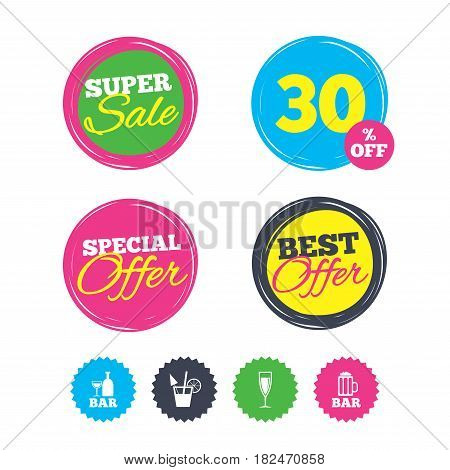 Super sale and best offer stickers. Bar or Pub icons. Glass of beer and champagne signs. Alcohol drinks and cocktail symbols. Shopping labels. Vector