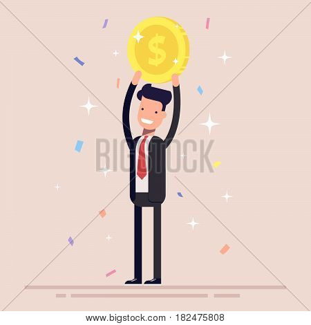 Businessman or manager holds a gold coin over his head. Man in the business suit won the prize. Confetti and tinsel. Flat character isolated on background