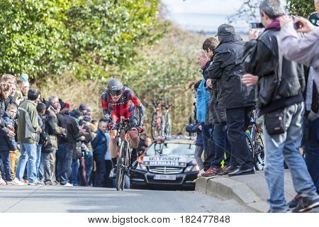 Conflans-Sainte-HonorineFrance-March 62016: The Belgian cyclist Ben Hermans of BMC Racing Team riding during the prologue stage of Paris-Nice 2016.