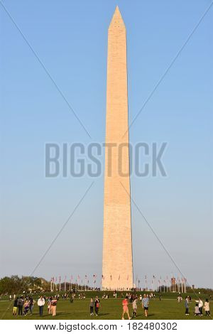 WASHINGTON, DC - APR 15: Washington Monument in Washington, DC, as seen on April 15, 2017. It was built to commemorate George Washington, once commander-in-chief of the Continental Army and the first President of the United States.