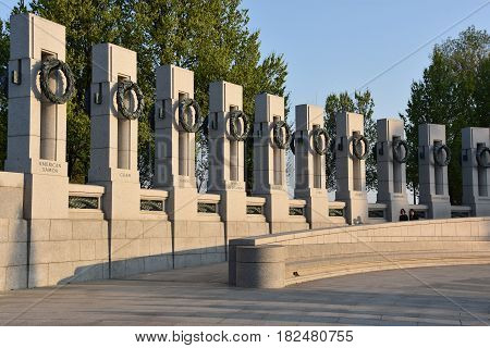 WASHINGTON, DC - APR 15: National World War II Memorial in Washington, DC, as seen on April 15, 2017. It is a memorial of national significance dedicated to Americans who served in the armed forces and as civilians during World War II.
