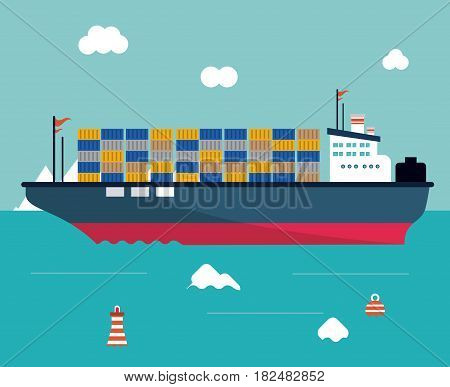 boat ship clouds sea ocen transportation icon. Colorful and flat design. Blue background. Vector illustration