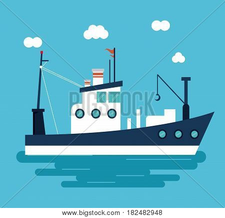 boat ship clouds sea ocen transportation icon. Colorful and flat design. Blue background. Vector illustration