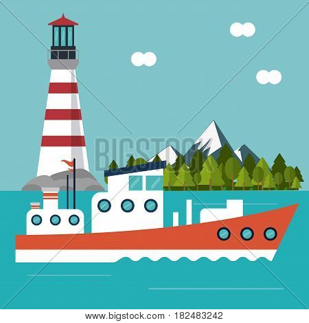 boat mountains pine trees cloud lighthouse ship sea ocen transportation icon. Colorful and flat design. Blue background. Vector illustration