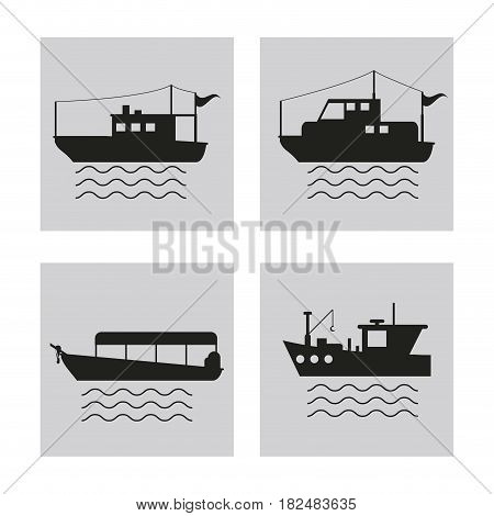 boat set ship sea ocen transportation frames icon. Black white flat isolated design. Vector illustration