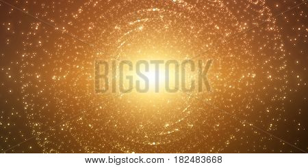 Vector infinite space background. Matrix of glowing stars with illusion of depth and perspective. Sparkling stars of nebula. Abstract futuristic hyperspace universe on dark gold background.