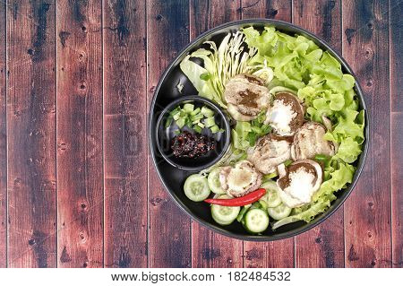 Boiled Fresh Bamboo Mushroom And Vegetable With Roasted Chili Dip.