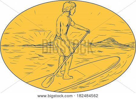 Drawing sketch style illustration of a dude on a stand up paddle board holding paddling oar with island and sunset in the background done set inside oval shape.