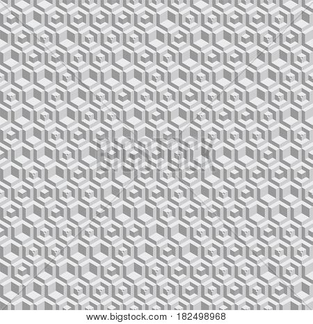 Grayscale hexagonal seamless vector pattern. Volumetric hexagon elements placed randomly. Modern abstract geometric background. Monochrome abstract texture with 3d effect.