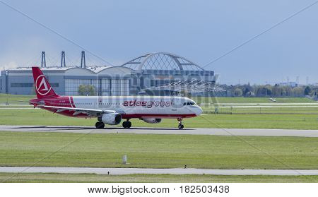 Germany - Hamburg, April 17, 2017: atlasglobal aircraft at the start on the runway Hamburg airport -  Hamburg Airport April 17, 2017