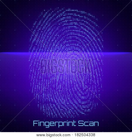 Vector abstract binary representation of fingerprint scan. Cyber thumbprint blue pattern composed of numbers. Biometric identity verification. Futuristic sensor scan image. Digital dactylogram.