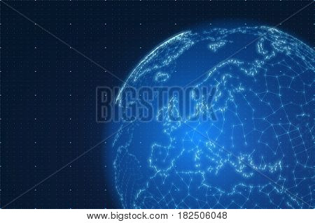 Vector World map construted of numbers and lines. Abstract globe connections illustration. Futurisric spherical map. Europe centered. Technological planet concept. International data communication