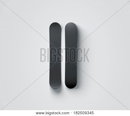 Blank black snowboard design mockup isolated front and back view 3d rendering. Clear snow board mock up top and bottom. Clear realistic snowboarding sport equipment template for printing.