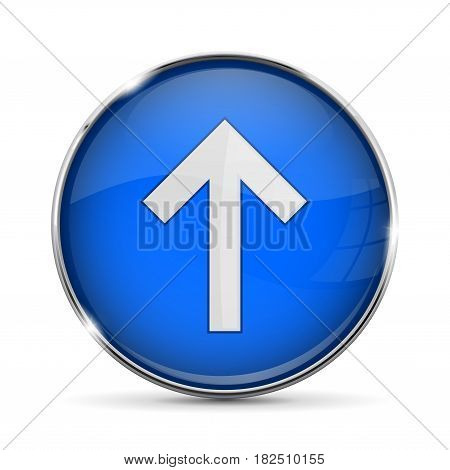 Blue UP button with white arrow. Shiny 3d icon with metal frame. Vector illustration isolated on white background
