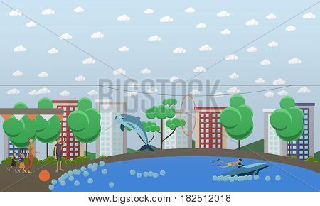 Vector illustration of trainer and bottlenose dolphin performing tricks, young man enjoying swimming with dolphin in blue swimming pool. Dolphinarium flat style design elements.