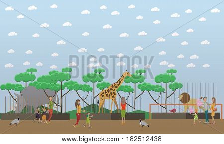 Zoo concept vector illustration. Visitors adults and kids seeing wild exotic animals in cages rhinoceros, giraffe and lion. Peafowls wandering among people. Zoo animals flat style design.