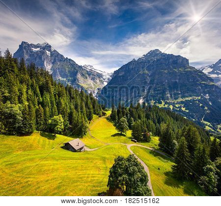 Colorful morning view of Grindelwald village valley from cableway. Wetterhorn and Wellhorn mountains located west of Innertkirchen in the Bernese Oberland Alps. Switzerland Europe.