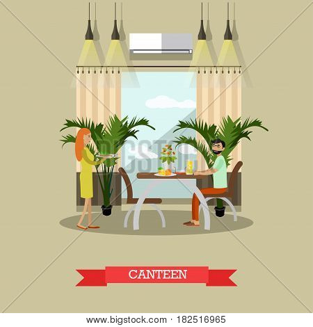 Vector illustration of family couple having lunch or dinner. Dining Room interior. Canteen flat style design element.