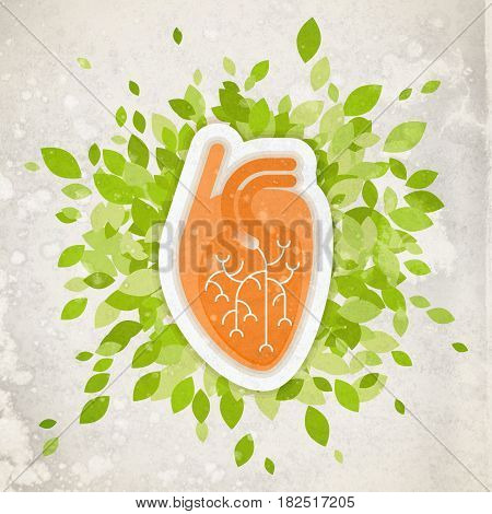 Flat illustration - human heart with green folliage, concept about health and healthy environment, isolated on white background
