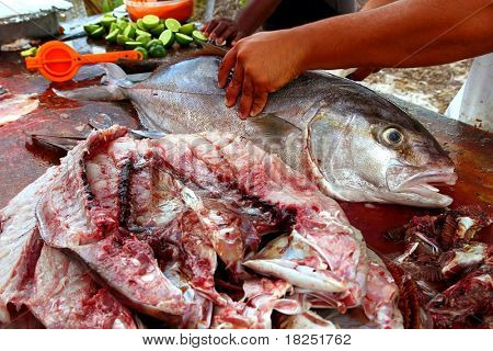 fiskehandleren hænder forbereder ravfisk fisk fileten på træ bord