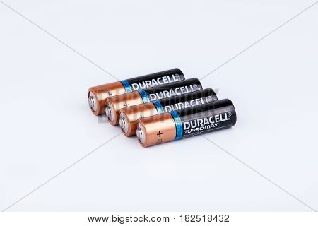 Riga, Latvia - April 18, 2017: Duracell Batteries, Duracell is an American brand of batteries and smart power solutions