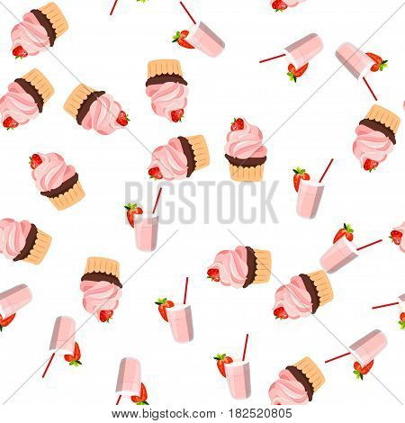 Very high quality original trendy vector seamless pattern with a strawberry chocolate pancake and milkshake