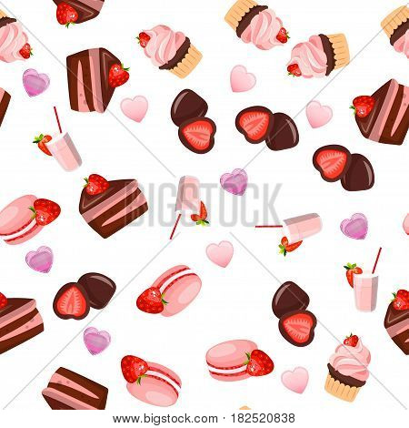 Very high quality original trendy vector seamless pattern with a strawberry chocolate pancake and macaroons